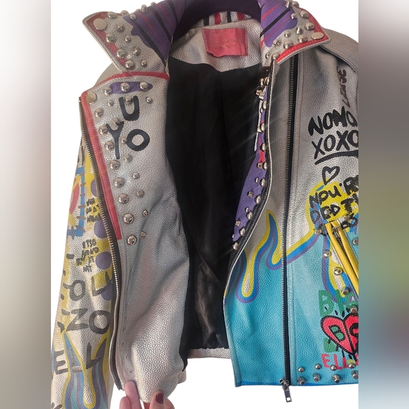 Azalea Wang Phoenix Moto Jacket Studded Graffiti Painted Cropped  Silver, Small - Picture 8 of 15